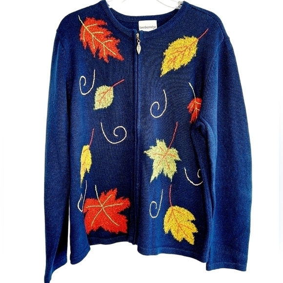 Vintage Breckenridge Large Fall Cardigan Sweater Zip Front Autumn Leaves Navy - Picture 1 of 10